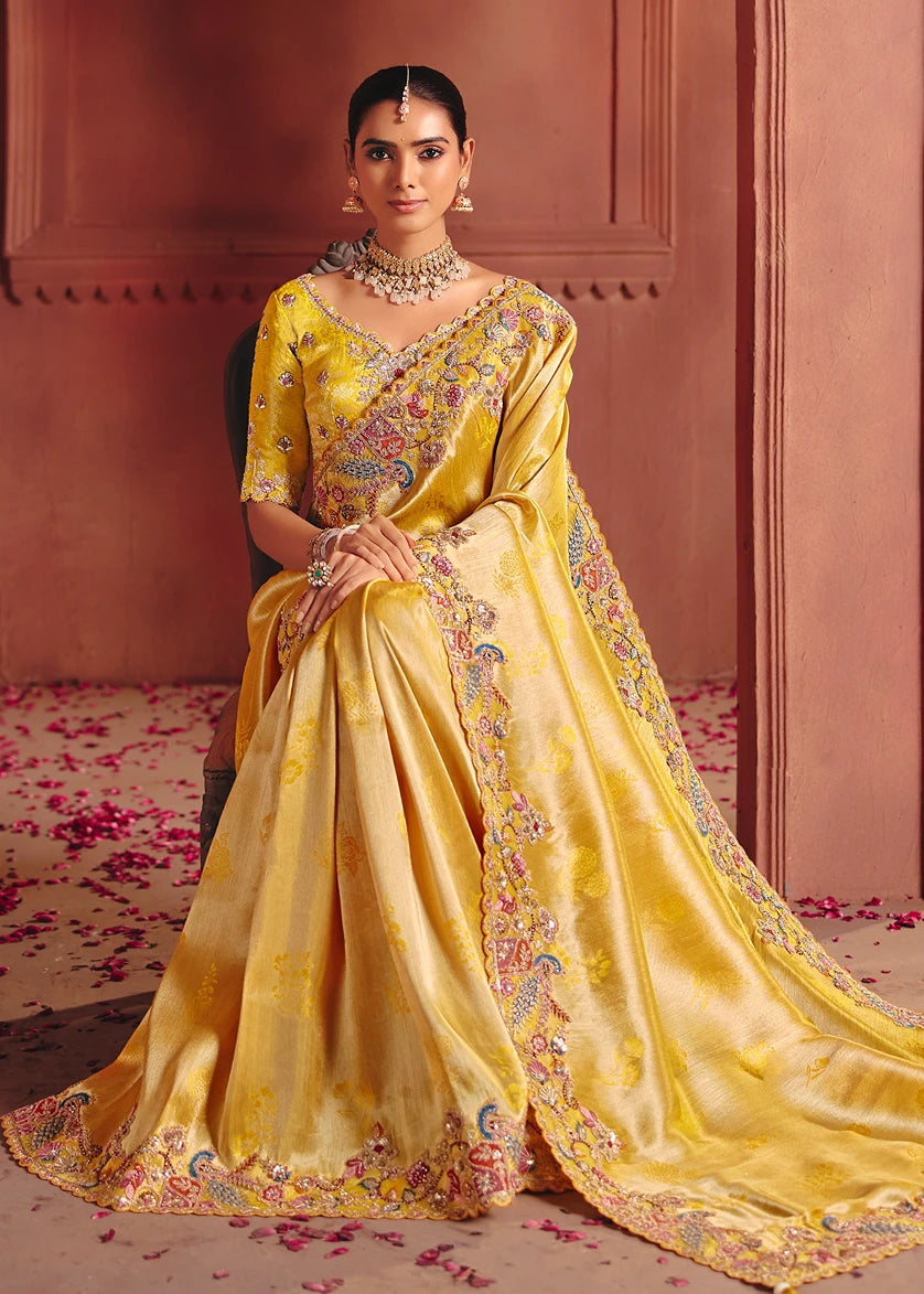 Yellow Zari Banarasi Silk Embroidered Saree