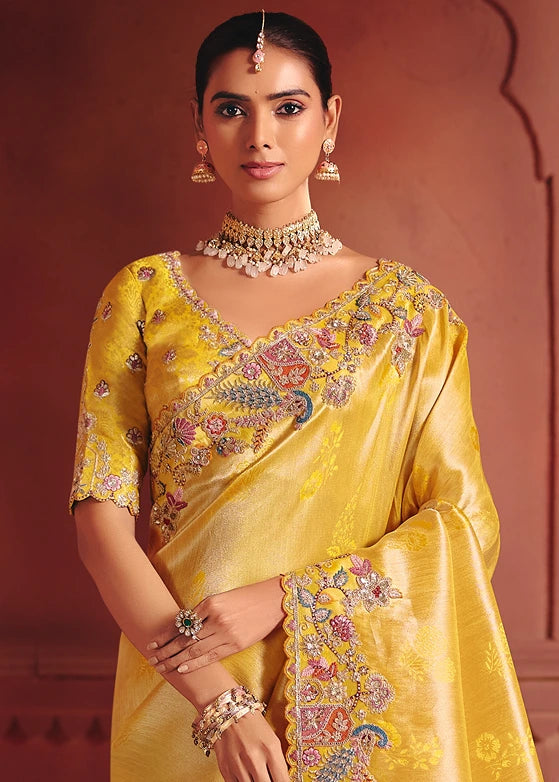 Yellow Zari Banarasi Silk Embroidered Saree