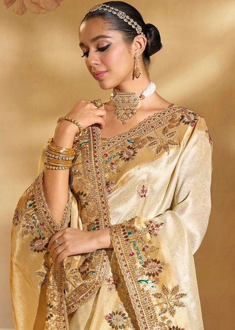 Off White & Golden Kanjivaram Silk Embroidered Bridal Saree
