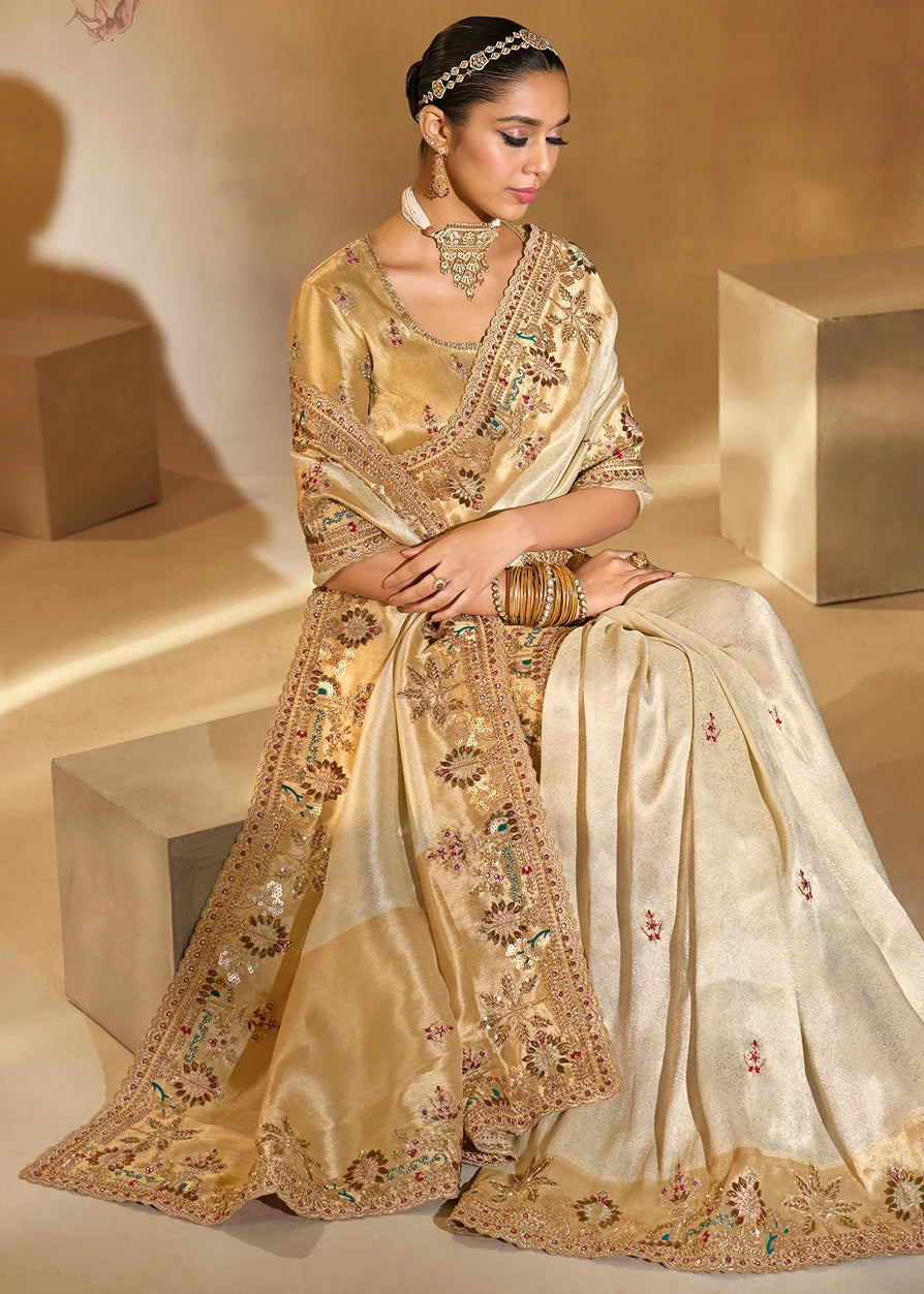 Off White & Golden Kanjivaram Silk Embroidered Bridal Saree