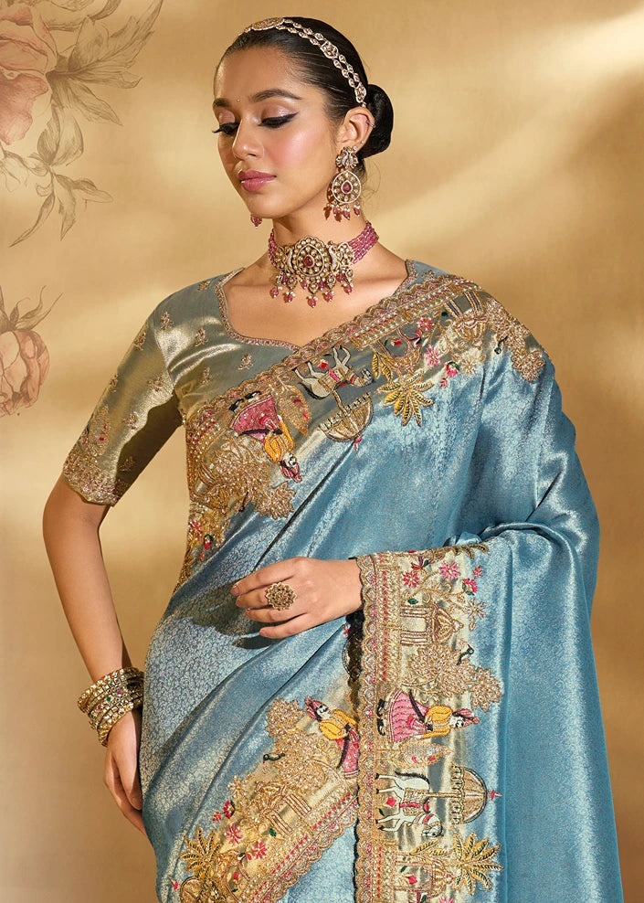 Sky Blue & Golden Kanjivaram Silk Embroidered Bridal Saree