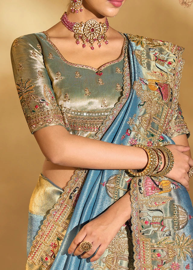 Sky Blue & Golden Kanjivaram Silk Embroidered Bridal Saree