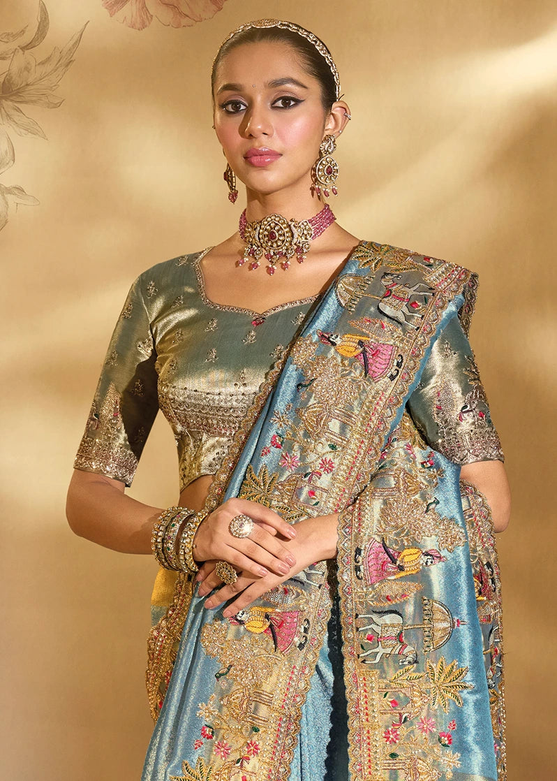 Sky Blue & Golden Kanjivaram Silk Embroidered Bridal Saree