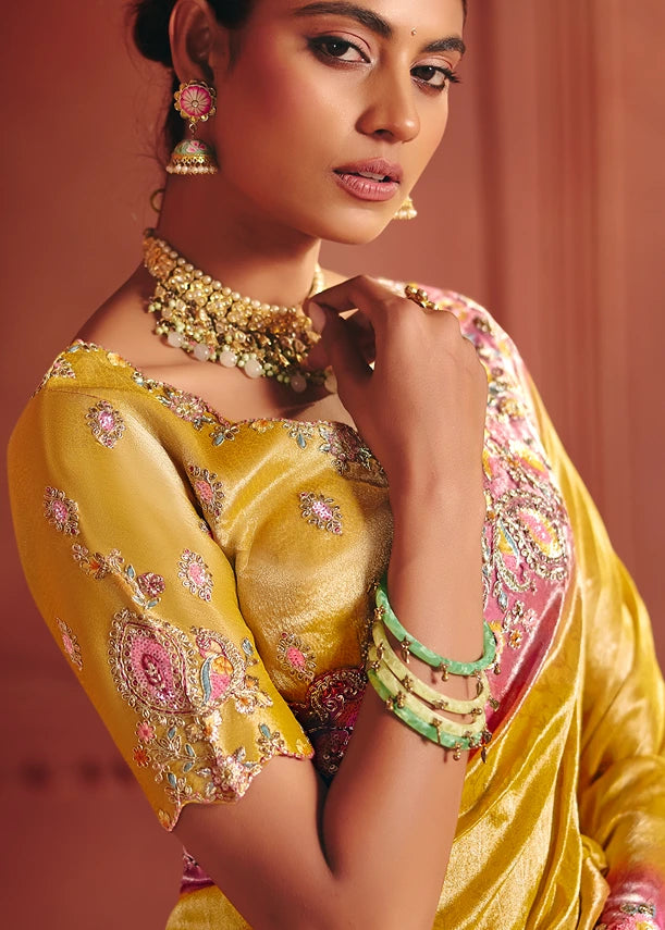 Yellow and Pastel Pink Zari Banarasi Silk Embroidered Saree