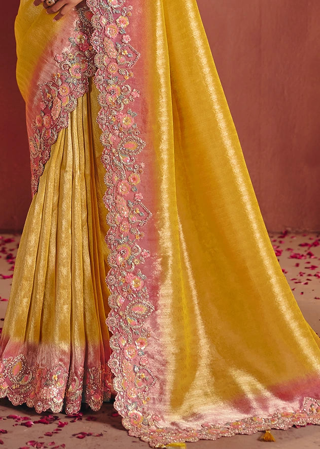 Yellow and Pastel Pink Zari Banarasi Silk Embroidered Saree