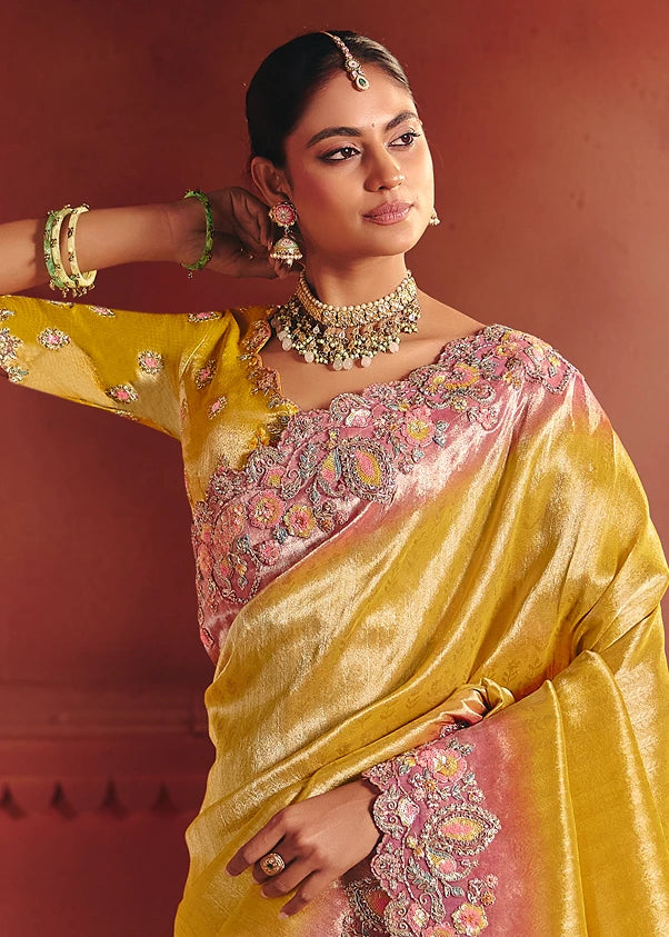 Yellow and Pastel Pink Zari Banarasi Silk Embroidered Saree