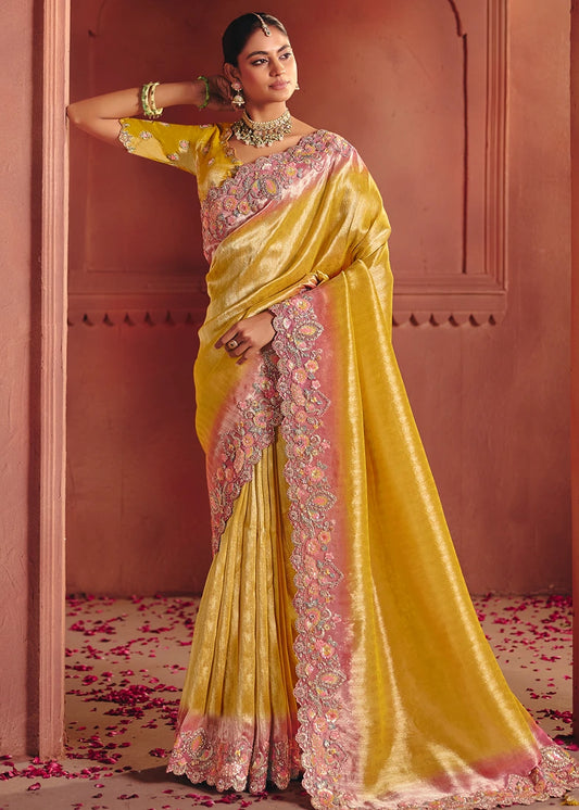 Yellow and Pastel Pink Zari Banarasi Silk Embroidered Saree