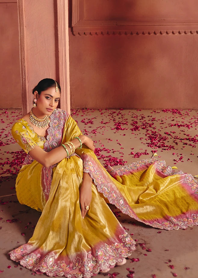 Yellow and Pastel Pink Zari Banarasi Silk Embroidered Saree