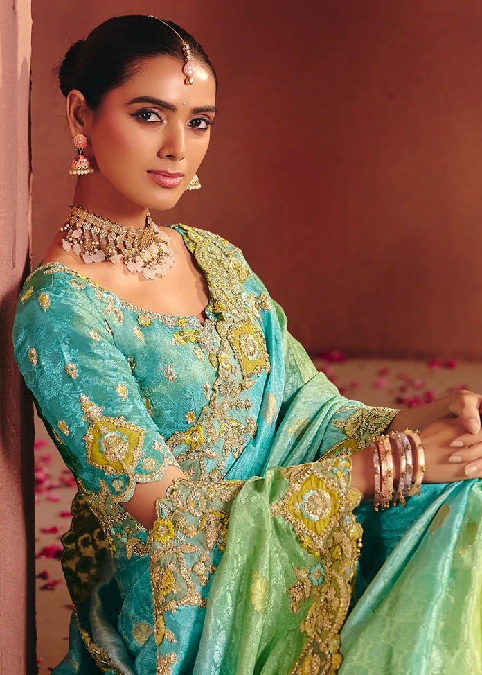 Aqua Blue and Lime Green Ombre Zari Banarasi Silk Embroidered Saree