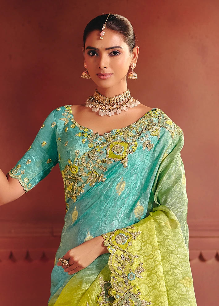 Aqua Blue and Lime Green Ombre Zari Banarasi Silk Embroidered Saree