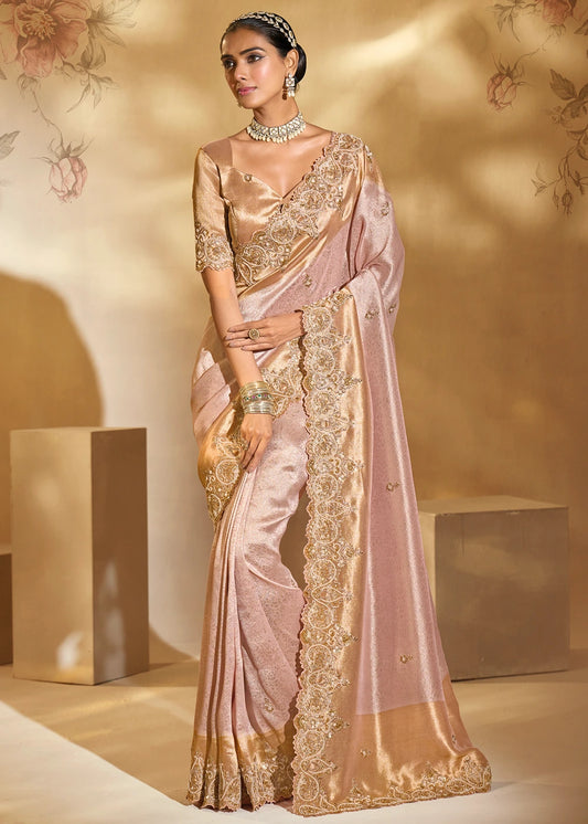 Pastel Pink & Golden Kanjivaram Silk Embroidered Bridal Saree