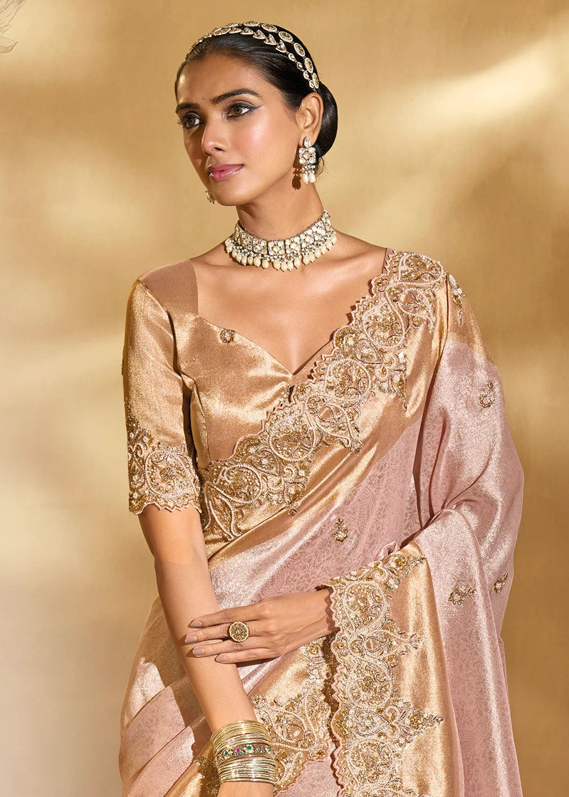 Pastel Pink & Golden Kanjivaram Silk Embroidered Bridal Saree