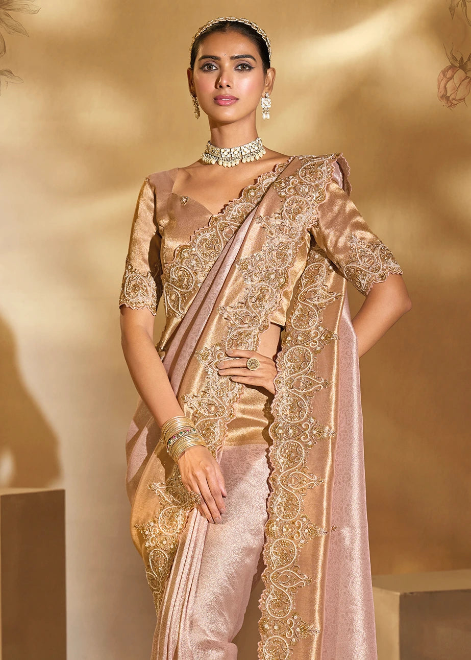 Pastel Pink & Golden Kanjivaram Silk Embroidered Bridal Saree