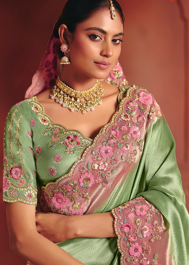 Pastel Green and Pastel Pink Zari Banarasi Silk Embroidered Saree