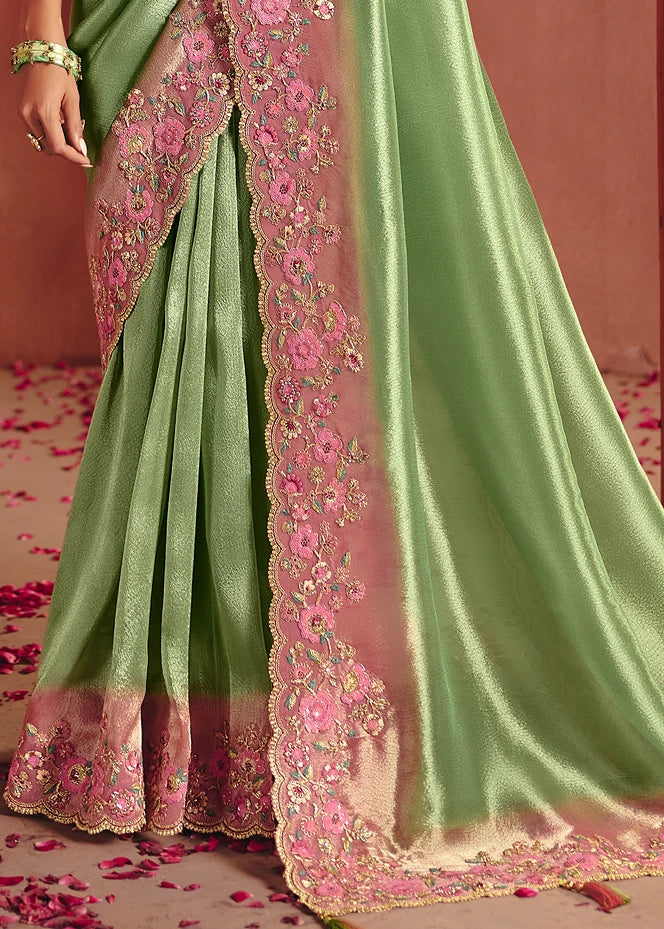 Pastel Green and Pastel Pink Zari Banarasi Silk Embroidered Saree