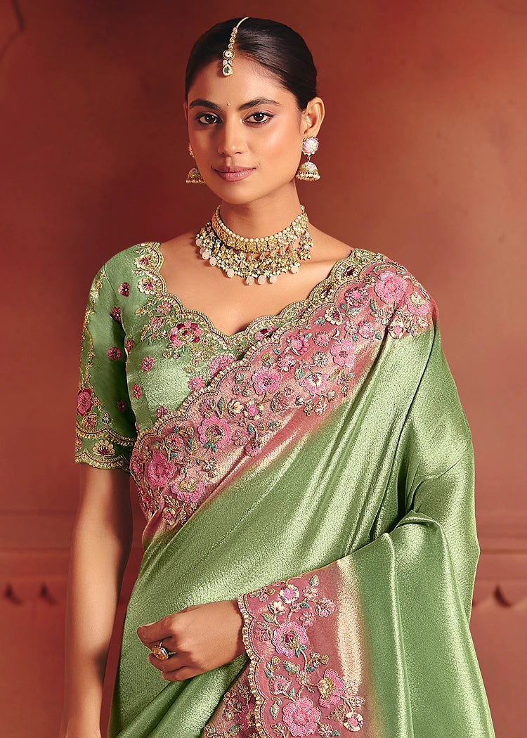 Pastel Green and Pastel Pink Zari Banarasi Silk Embroidered Saree