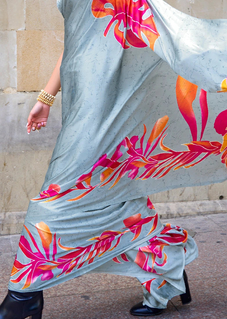 Pure Satin Crepe Silk Ocean Grey Floral Printed Saree