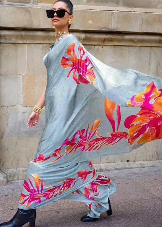 Pure Satin Crepe Silk Ocean Grey Floral Printed Saree