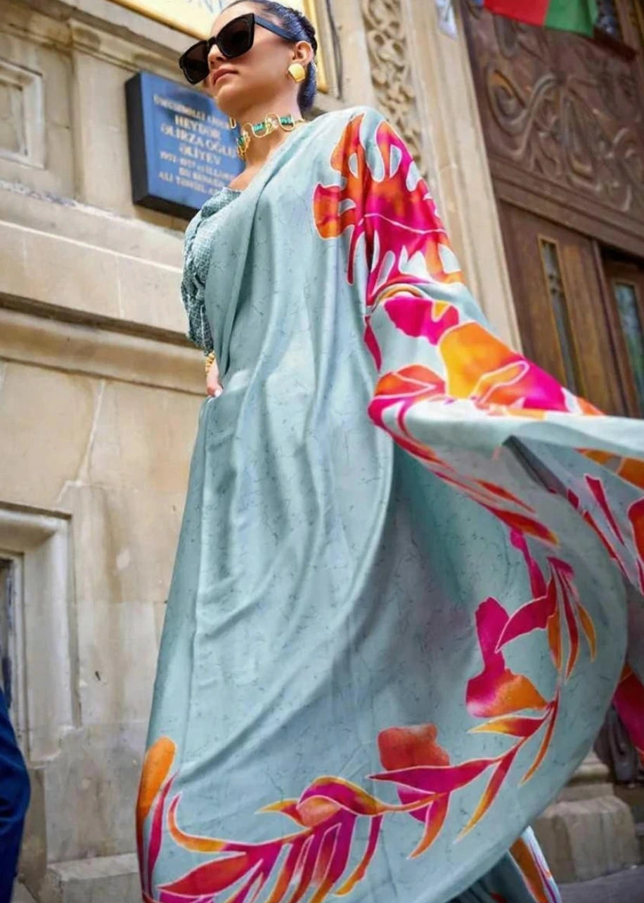 Pure Satin Crepe Silk Ocean Grey Floral Printed Saree