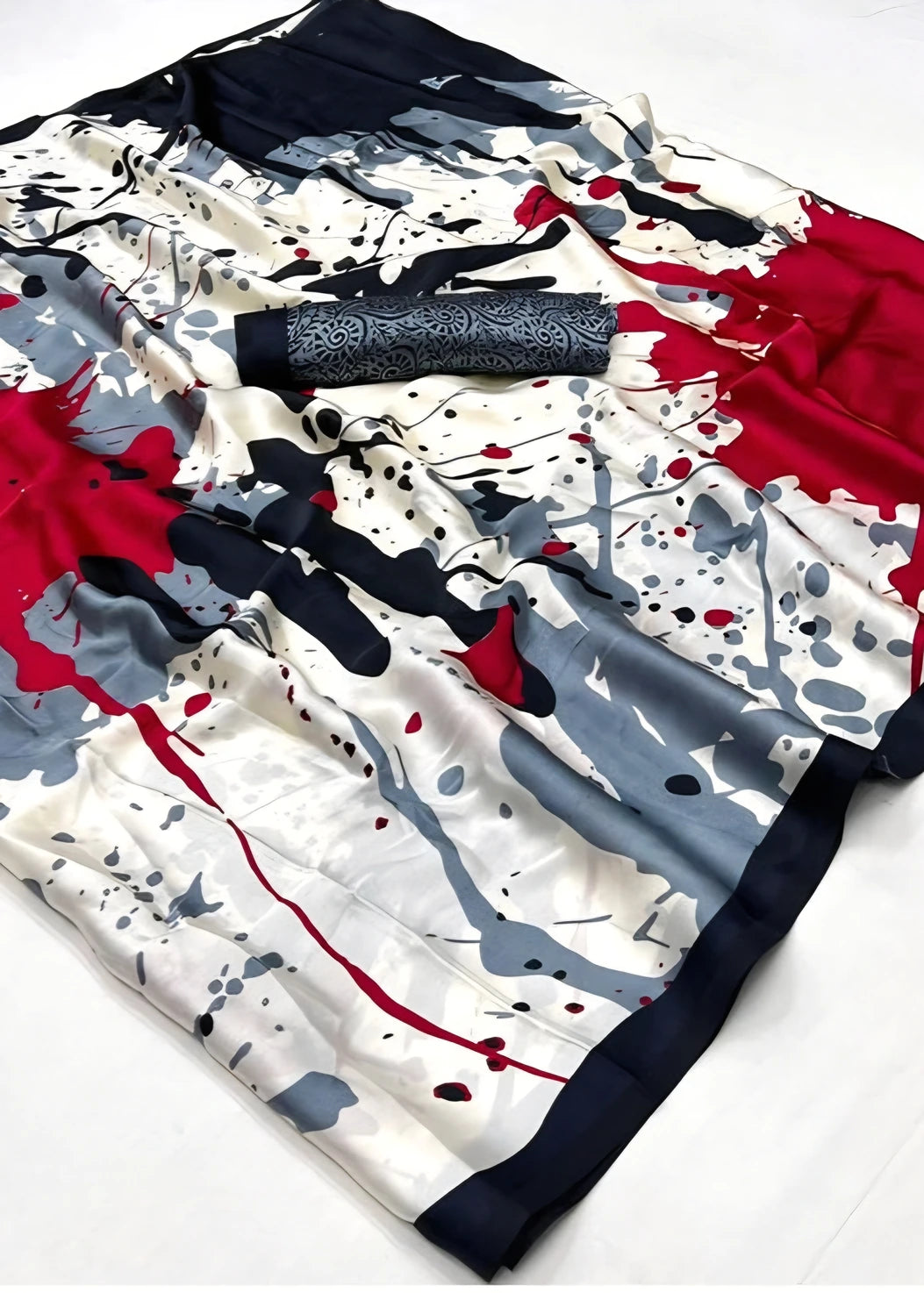 Pure Satin Crepe Silk White Abstract Printed Saree