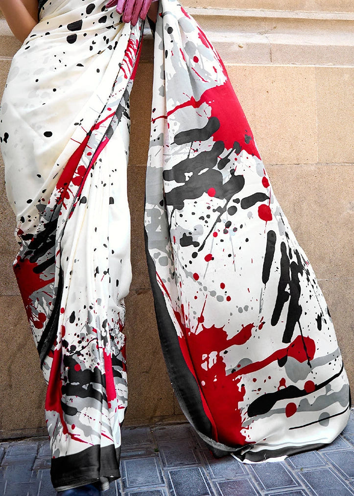 Pure Satin Crepe Silk White Abstract Printed Saree