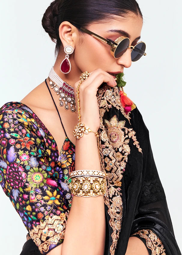 Crushed Organza Tissue Silk Black Embroidered Saree & Multicolor Blouse