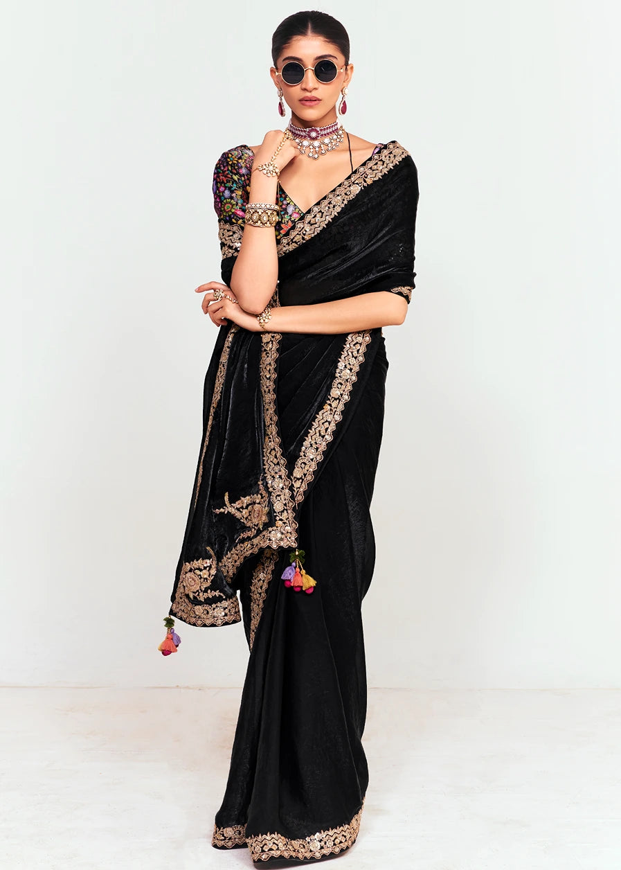 Crushed Organza Tissue Silk Black Embroidered Saree & Multicolor Blouse