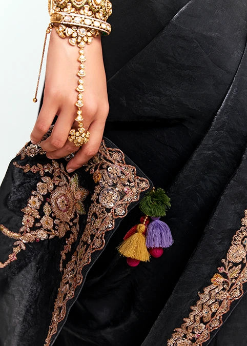 Crushed Organza Tissue Silk Black Embroidered Saree & Multicolor Blouse
