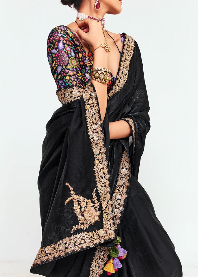 Crushed Organza Tissue Silk Black Embroidered Saree & Multicolor Blouse