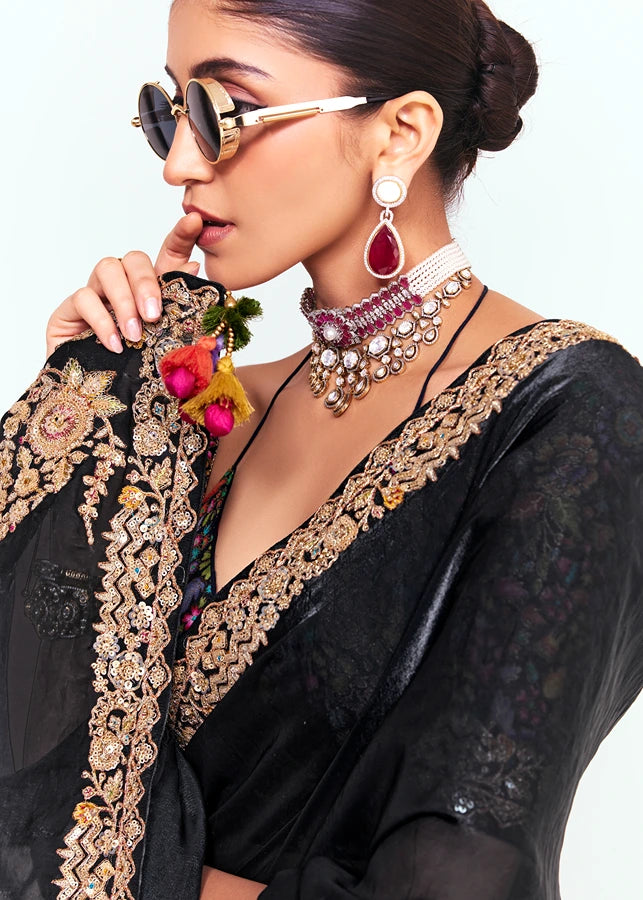 Crushed Organza Tissue Silk Black Embroidered Saree & Multicolor Blouse