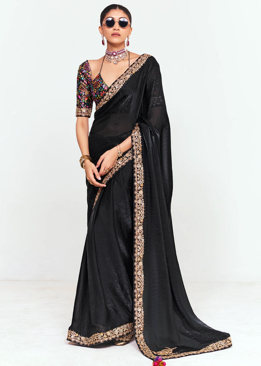 Crushed Organza Tissue Silk Black Embroidered Saree & Multicolor Blouse