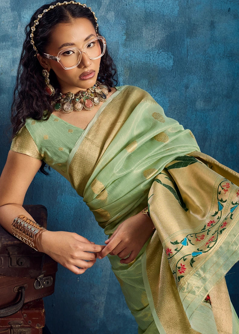 Pure Banarasi Tissue Silk Mint Green Handloom Saree