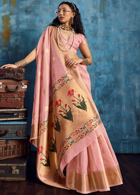 Pure Banarasi Tissue Silk Powder Pink Handloom Saree