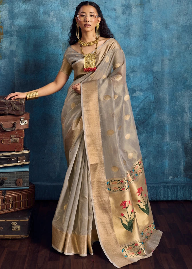 Pure Banarasi Tissue Silk Grey Handloom Saree