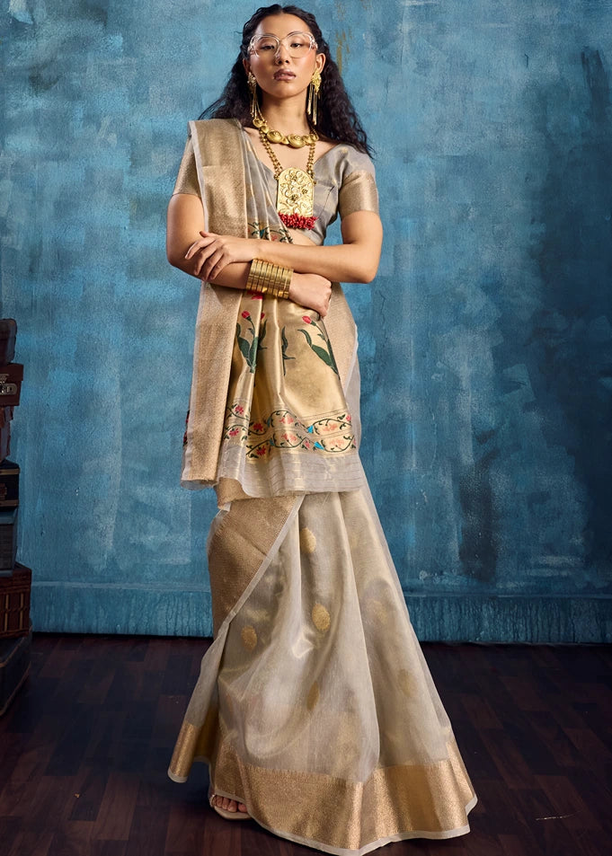 Pure Banarasi Tissue Silk Grey Handloom Saree