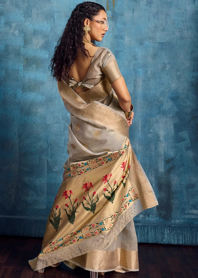 Pure Banarasi Tissue Silk Grey Handloom Saree