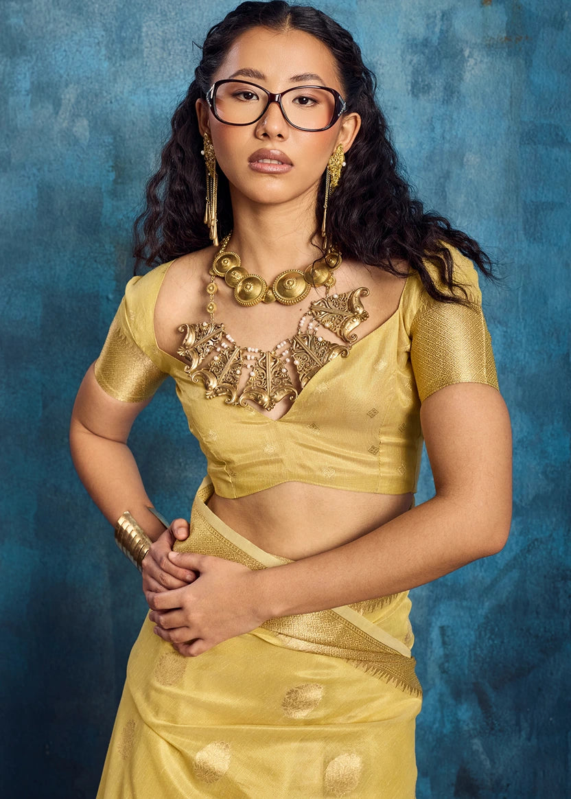 Pure Banarasi Tissue Silk Yellow Handloom Saree