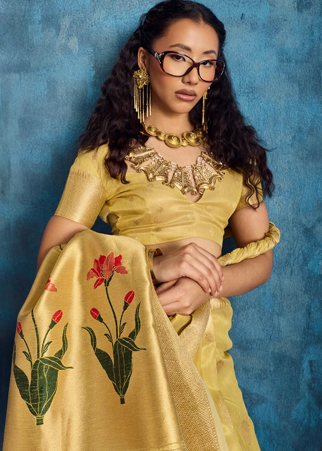 Pure Banarasi Tissue Silk Yellow Handloom Saree