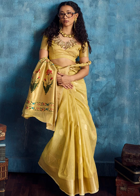 Pure Banarasi Tissue Silk Yellow Handloom Saree