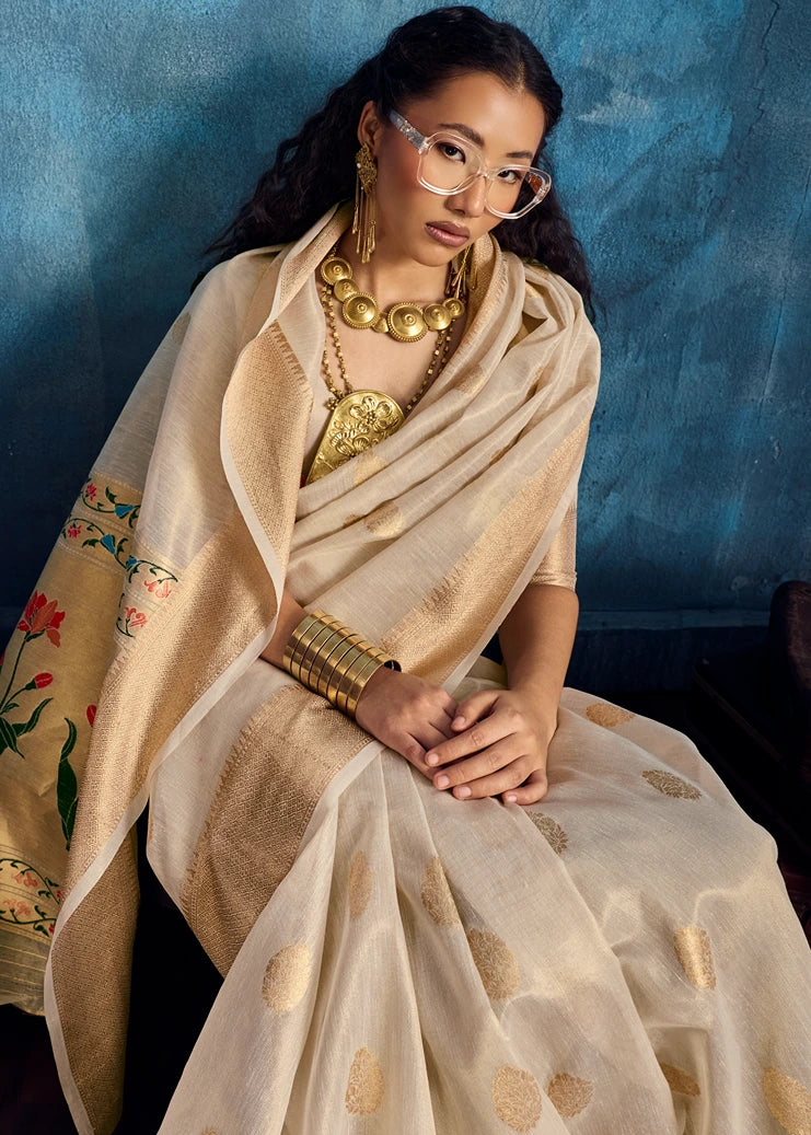 Pure Banarasi Tissue Silk Off White Handloom Saree