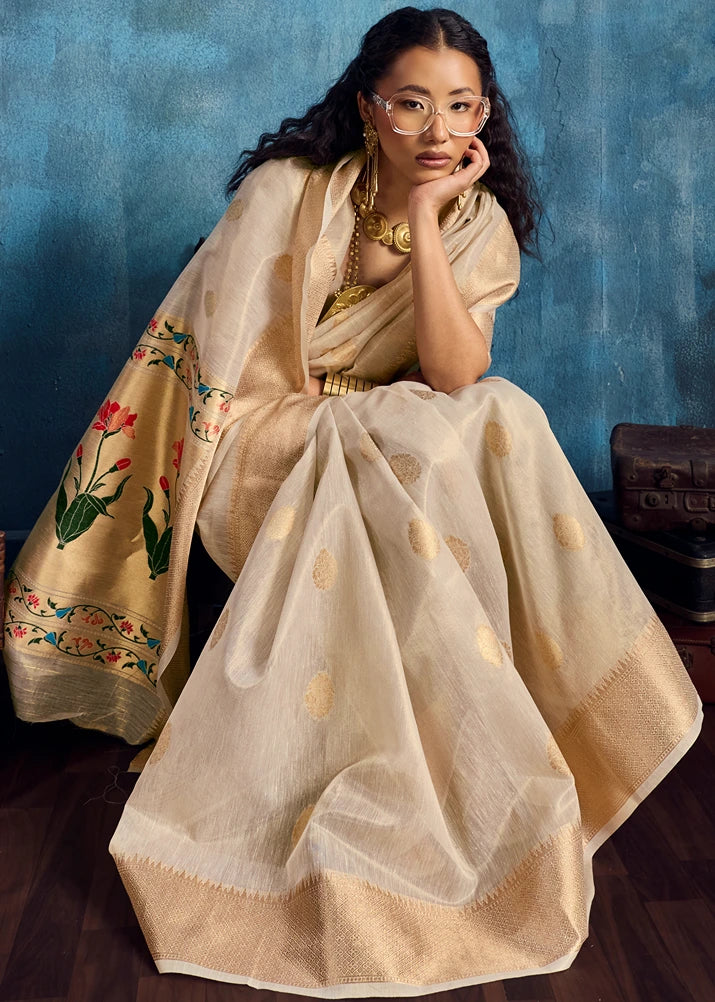 Pure Banarasi Tissue Silk Off White Handloom Saree