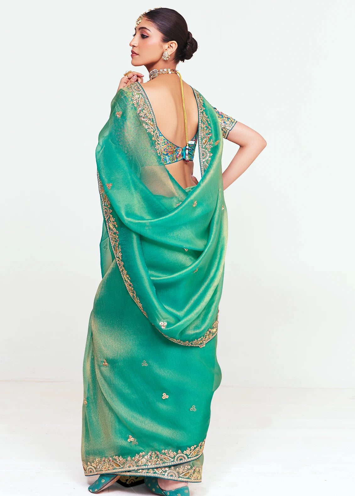 Crushed Organza Tissue Silk Jade Green Embroidered Saree & Multicolor Blouse