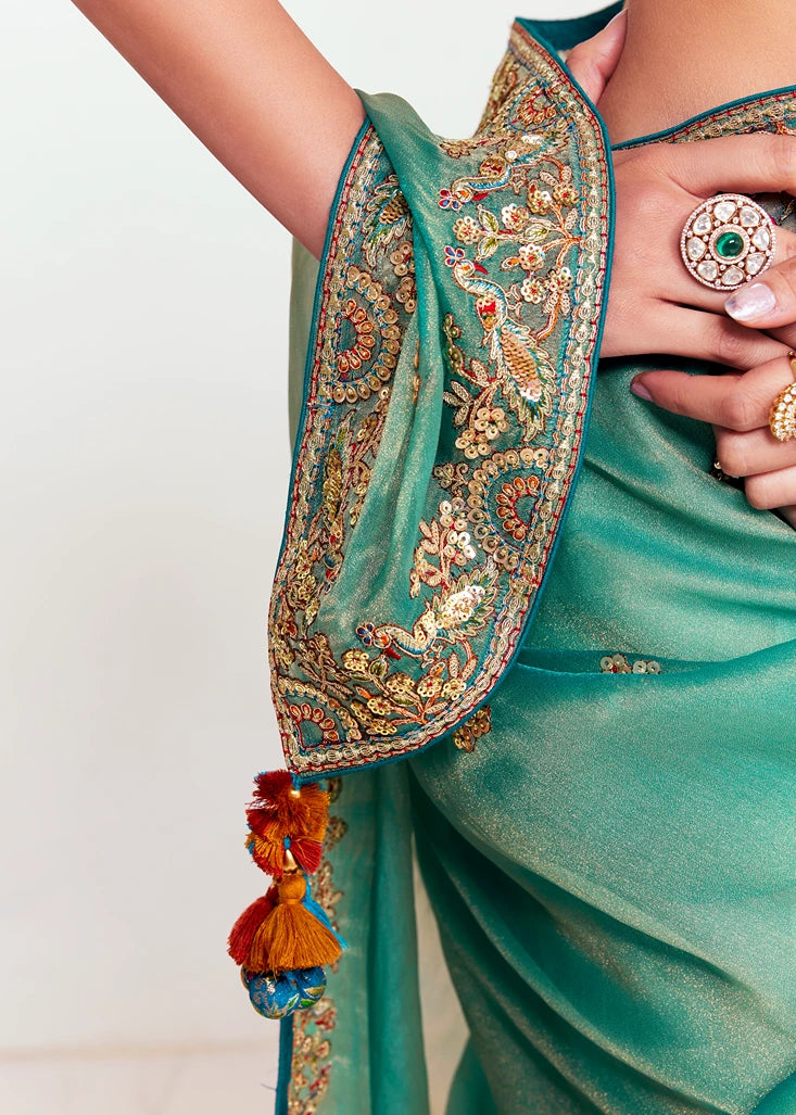 Crushed Organza Tissue Silk Jade Green Embroidered Saree & Multicolor Blouse