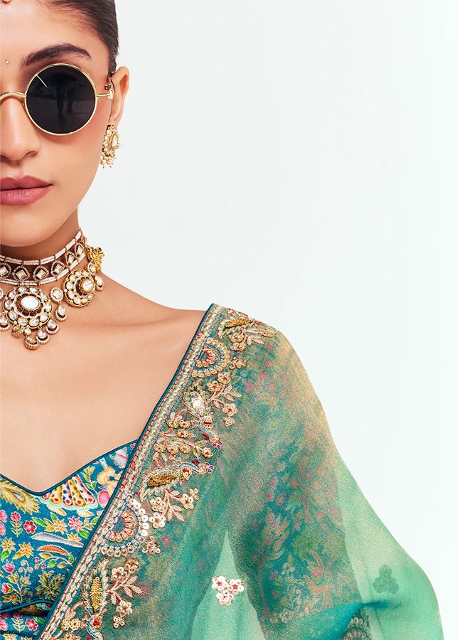 Crushed Organza Tissue Silk Jade Green Embroidered Saree & Multicolor Blouse