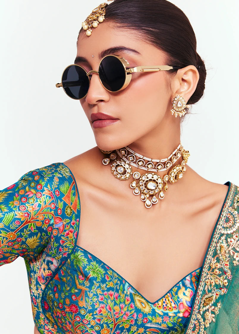 Crushed Organza Tissue Silk Jade Green Embroidered Saree & Multicolor Blouse