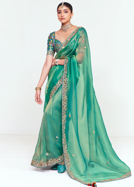 Crushed Organza Tissue Silk Jade Green Embroidered Saree & Multicolor Blouse