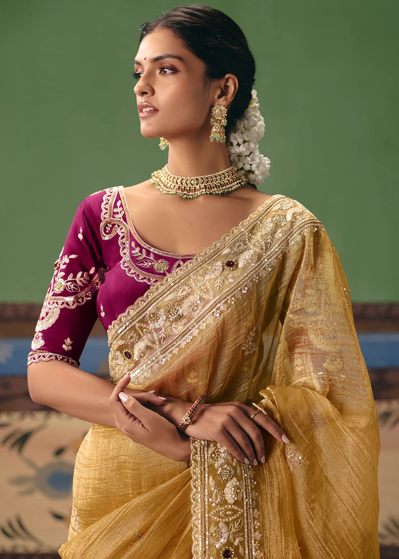 Crushed Organza Tissue Silk Mustard Yellow Embroidered Saree & Maroon Red Blouse