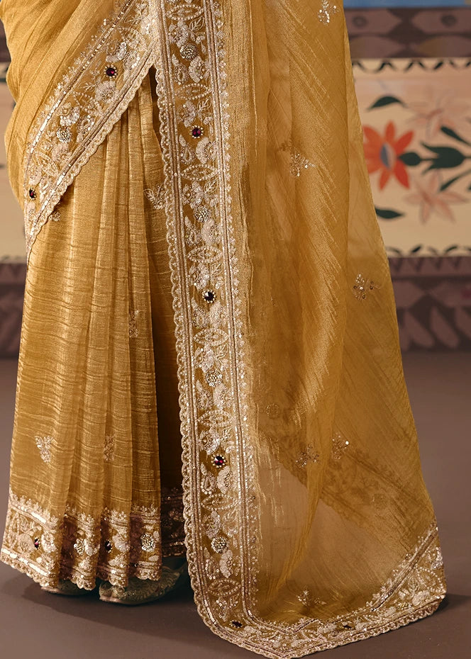 Crushed Organza Tissue Silk Mustard Yellow Embroidered Saree & Maroon Red Blouse