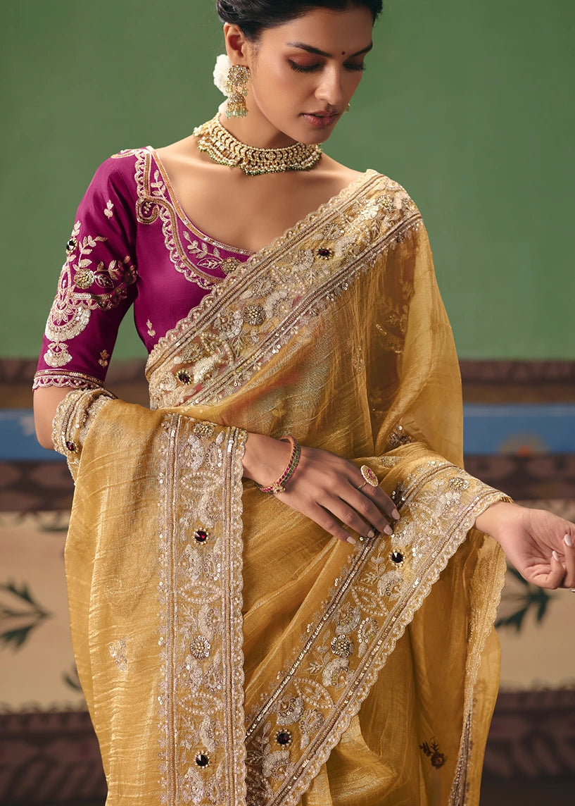 Crushed Organza Tissue Silk Mustard Yellow Embroidered Saree & Maroon Red Blouse