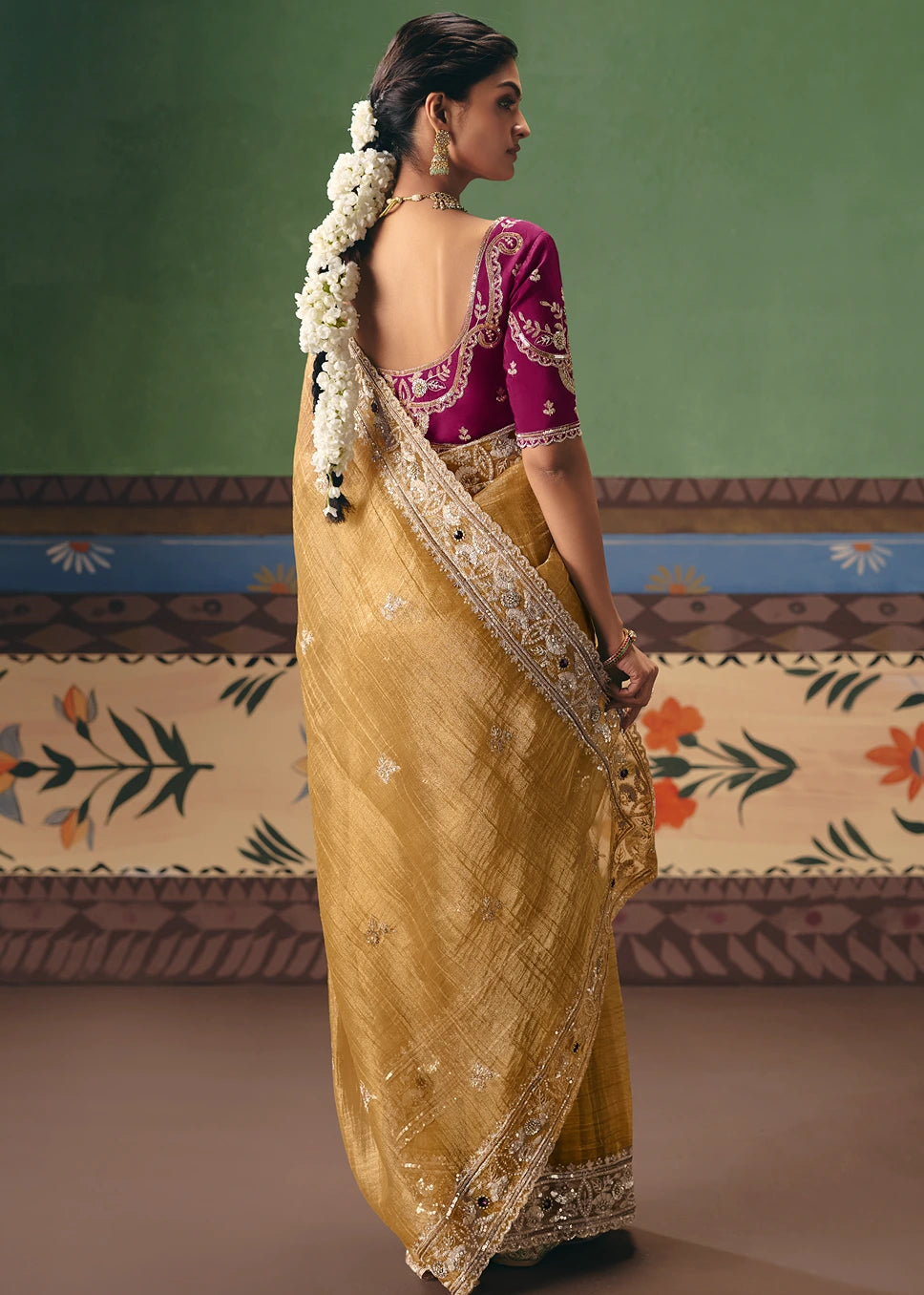 Crushed Organza Tissue Silk Mustard Yellow Embroidered Saree & Maroon Red Blouse